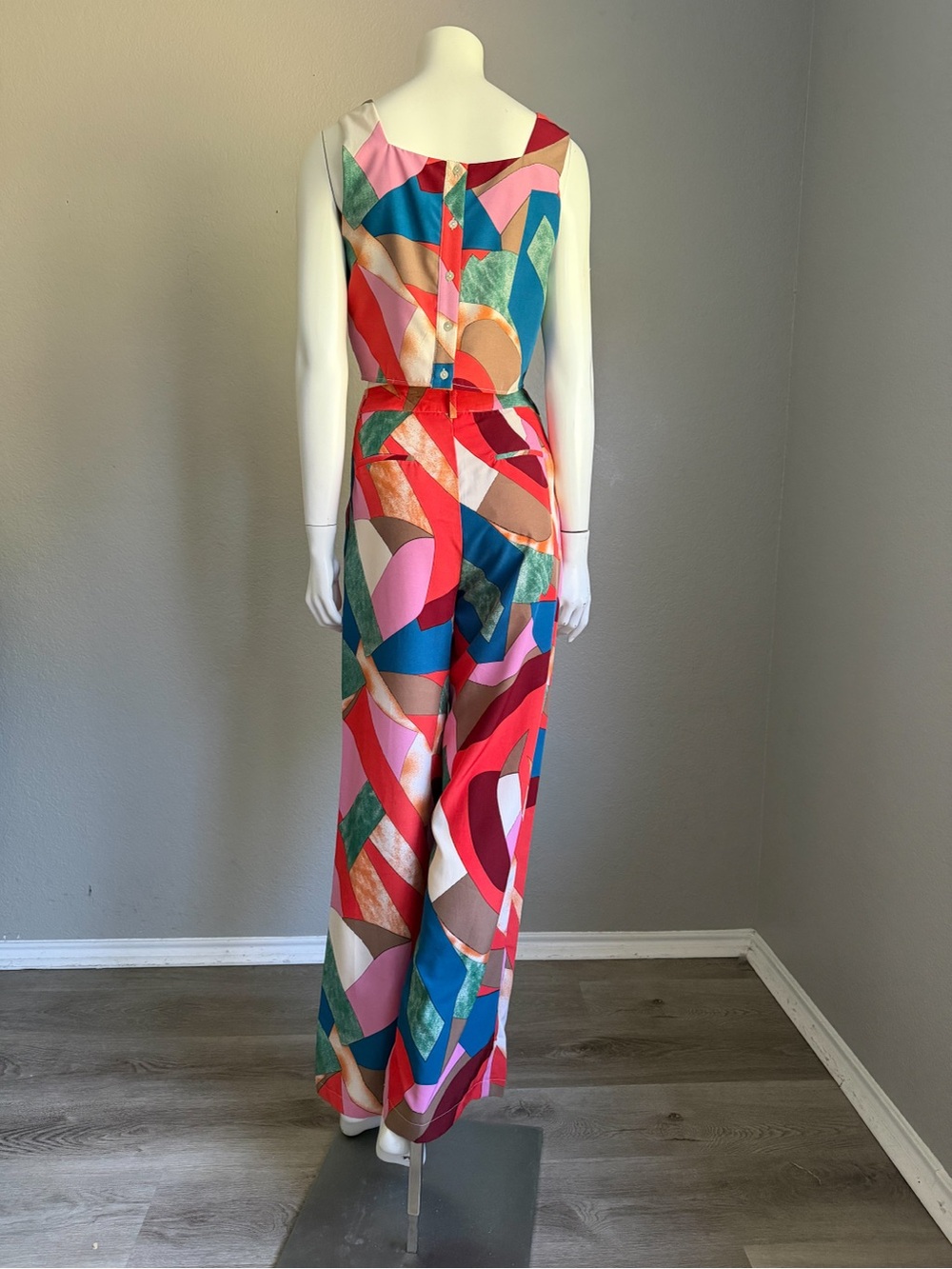 Entro 2 Piece Set Small Multicolor Abstract Crop Top Wide Leg Pants Retro 70s - Picture 7 of 15